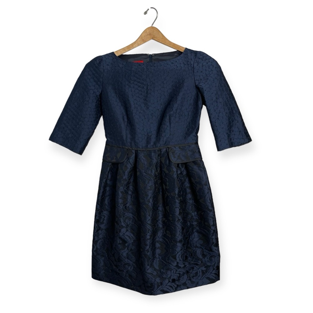 Carolina Herrara 1950’s Navy Brocade 3/4 Sleeve Boat Neck Fit & Flare Dress Sz 6